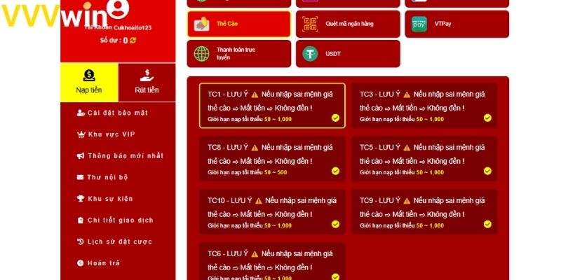 Những sai lầm cần tránh khi nạp vào VVVwin